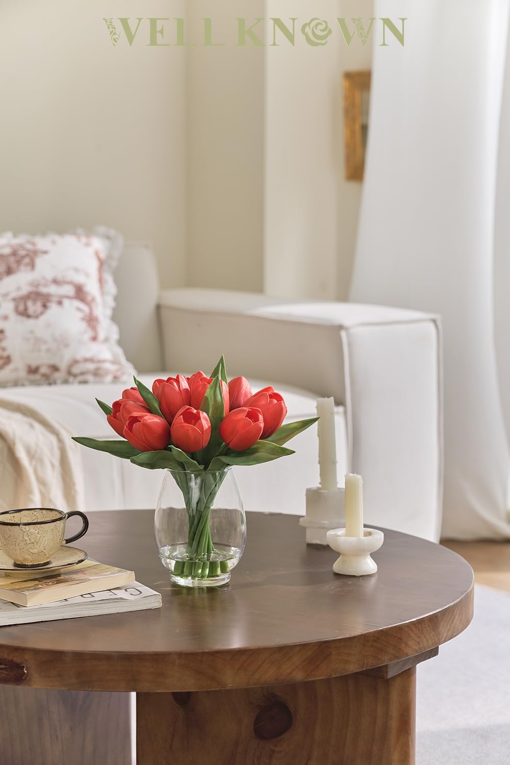 WELL KNOWN 12 Pcs Fake Red Tulips Artificial Flowers in Vase with Faux Water, Real Touch Foam Tulips Arrangements with Vase for Home Office Decor, Dining Table Wedding Centerpiece (Coral Red) - Image 4