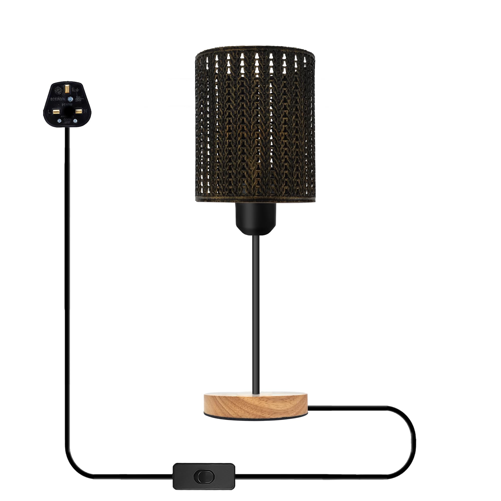Wooden Stand Bedside Table Lamp Modern Round Nightstand Lamp with Solid Wood Desk Metal Barrel Cage With 3 Pin Plugin On/Off Switch Control Lamp for Bedroom without bulb (Style 3 - Brushed Brass)
