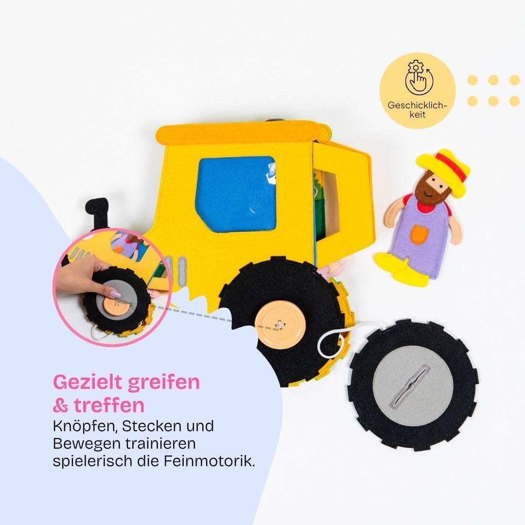 Jolly Designs Travel Buddy Trattore, libro di gioco Montessori e Quiet Book a partire da 1 anno, giocattolo sensoriale & Busy Board per passeggino, auto e viaggi, libro in tessuto per bambini piccoli