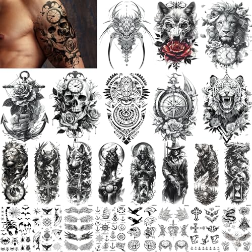 Aresvns 3D Half Sleeve Black Temporary Tattoos, Lion Wolf Skull Military Totem Fake Tattoo, Christmas tattoo stickers for Men Women,Cosplay BBQ Beach Pool party go Hiking Camp accessories