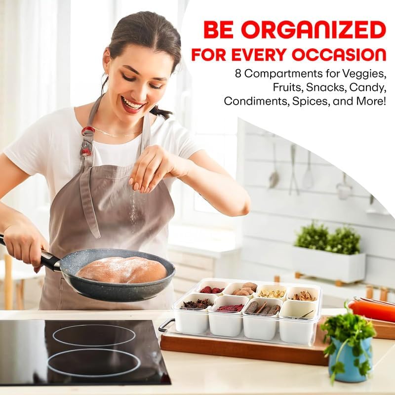 Image of Divided Fridge Storage Box with Lid & Handle, 8 Compartment Snack & Veggie Tray, Refrigerator Organizer for Fruits, Vegetables, Dry Fruits & Meat (8 Divided - with handle & lock)