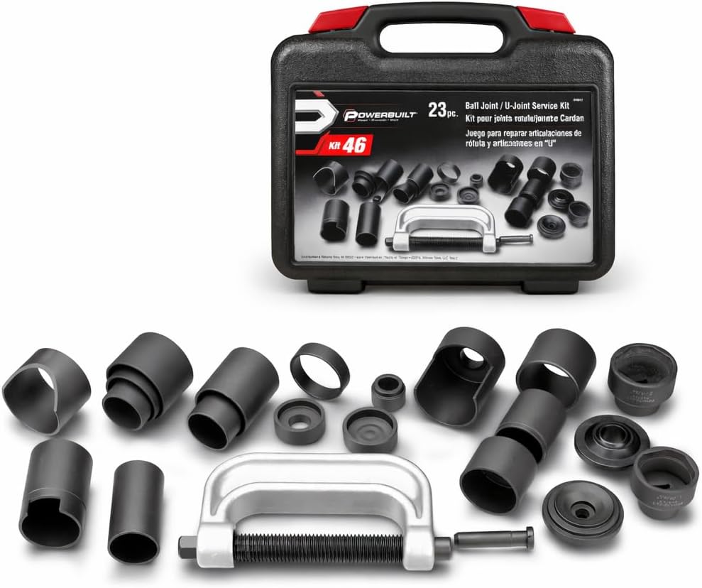 Powerbuilt Ball and U Joint Service Set, 23 Piece Tool Kit, Remove and Install Ball Joints, Receiving Tube, Adapters, Sockets - 648617
