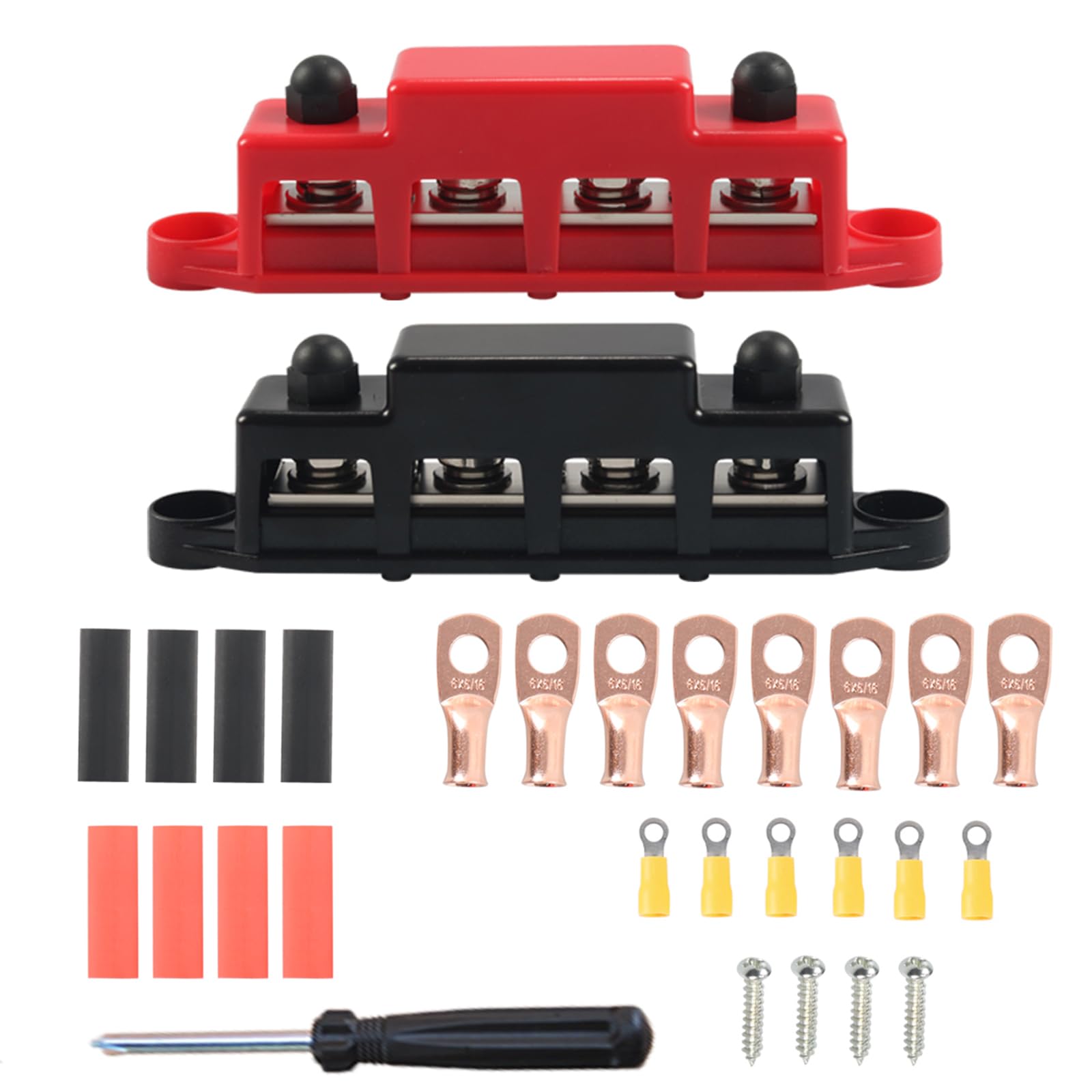12V Bus Bar, 4 x 5/16" Terminals Nickel-Plated Copper Power Distribution Block with Cover, Heavy Duty for Solar, RV, Marine, and Automotive Applications