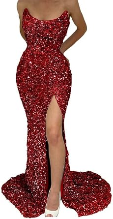 Sparkly Sequin Mermaid Prom Dresses Long Strapless Sheath High Slit Formal Evening Party Gowns with Train