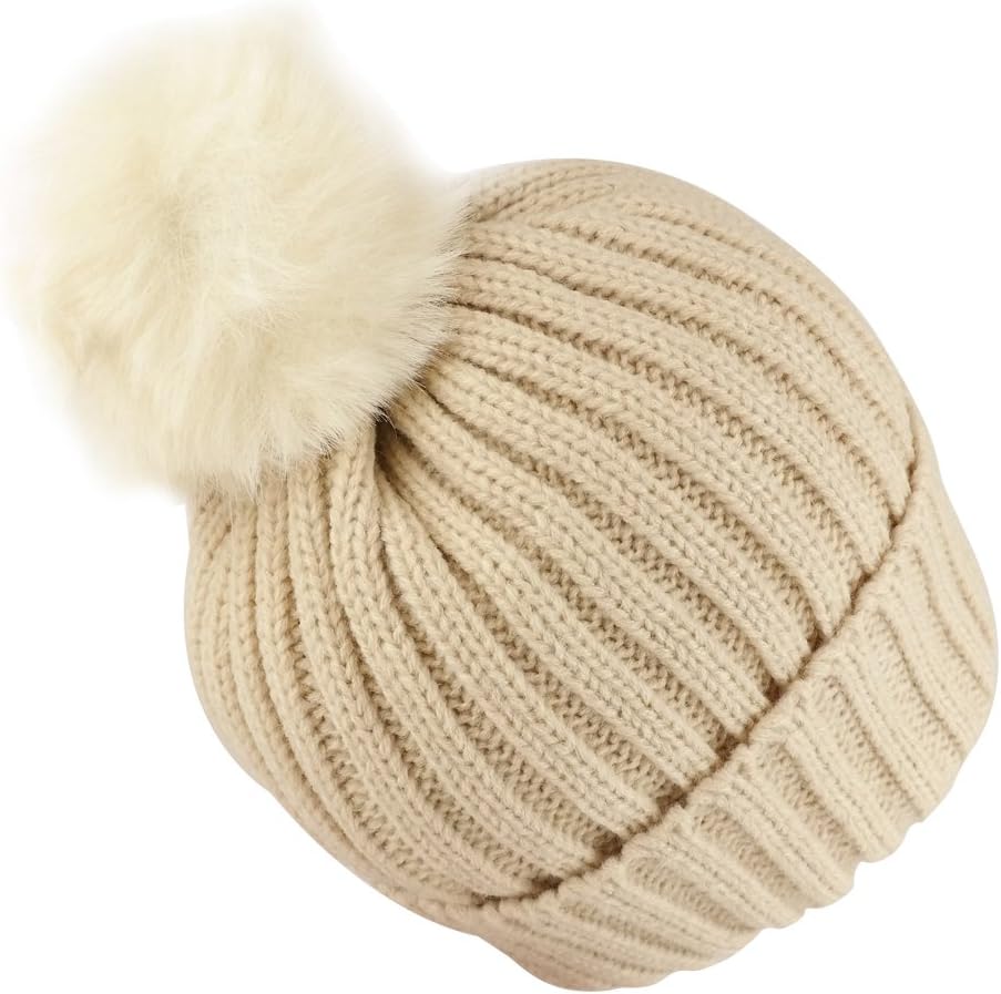 Trendy Apparel Shop Kid's Ribbed Knit Cuff Beanie with Fur Pom Pom