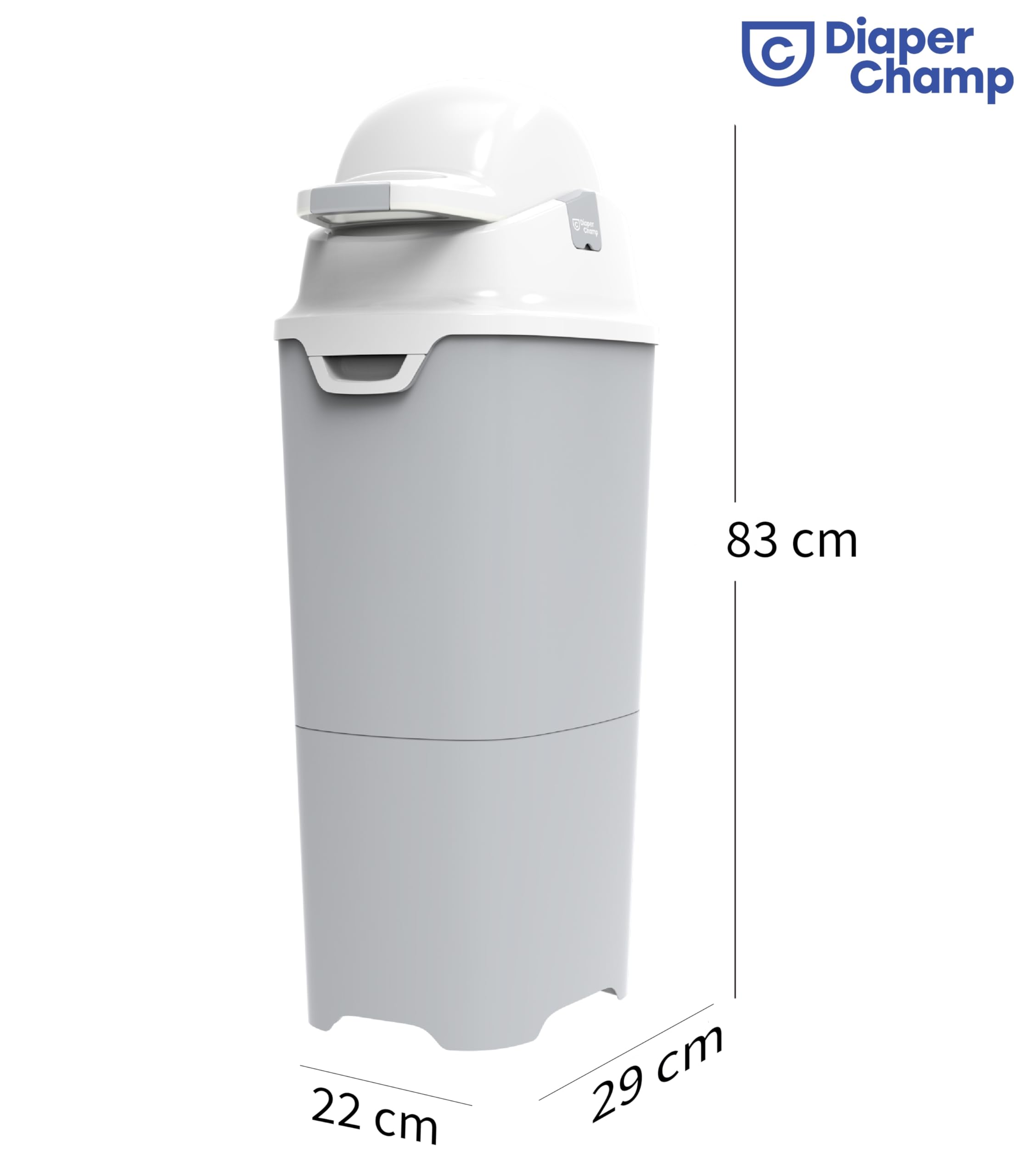 DIAPER CHAMP One Max - Cubo para pañales (resistente al olor, sin cartuchos de relleno, funciona con bolsas convencionales normales/bolsas de basura, para 60 pañales), color plateado y blanco