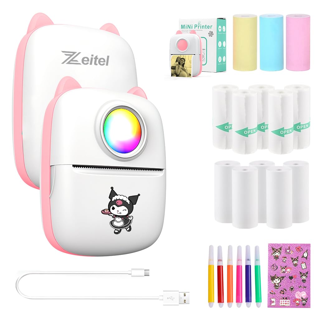 ZEITEL® Mini Bluetooth Thermal Printer with LED, Portable Label Inkfree Mini Printer for Android & iOS System, Black on White Thermal Printer with 13 Roll of Paper, 5 Color Pen, 1 Kuromi Sticker, Pink-picture-30