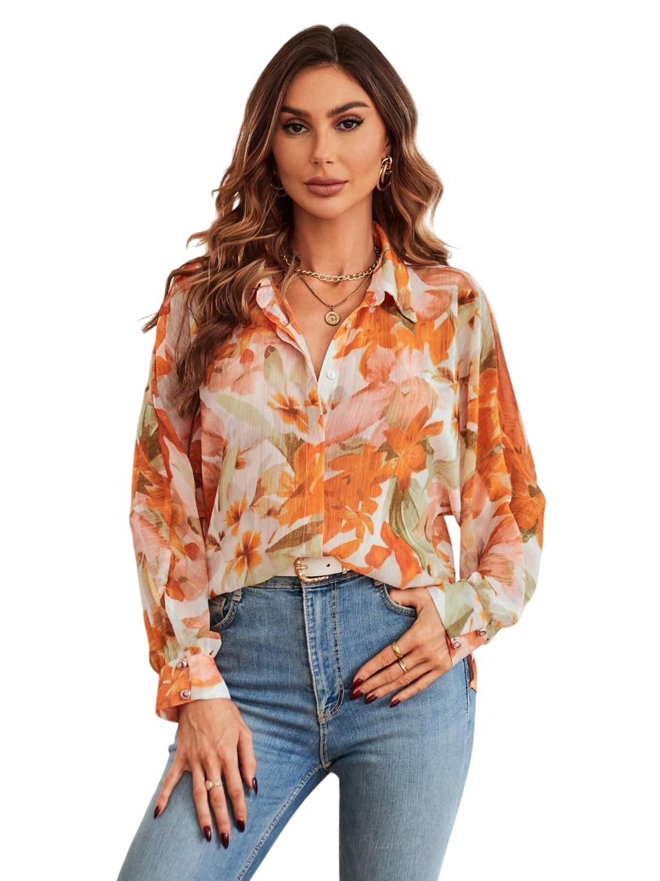 fery london Women’s Floral Print Sheer Button-Down Shirt | Lightweight Long Sleeve Collared Shirts | Casual Elegant Shirt for Summer & Spring-picture-10