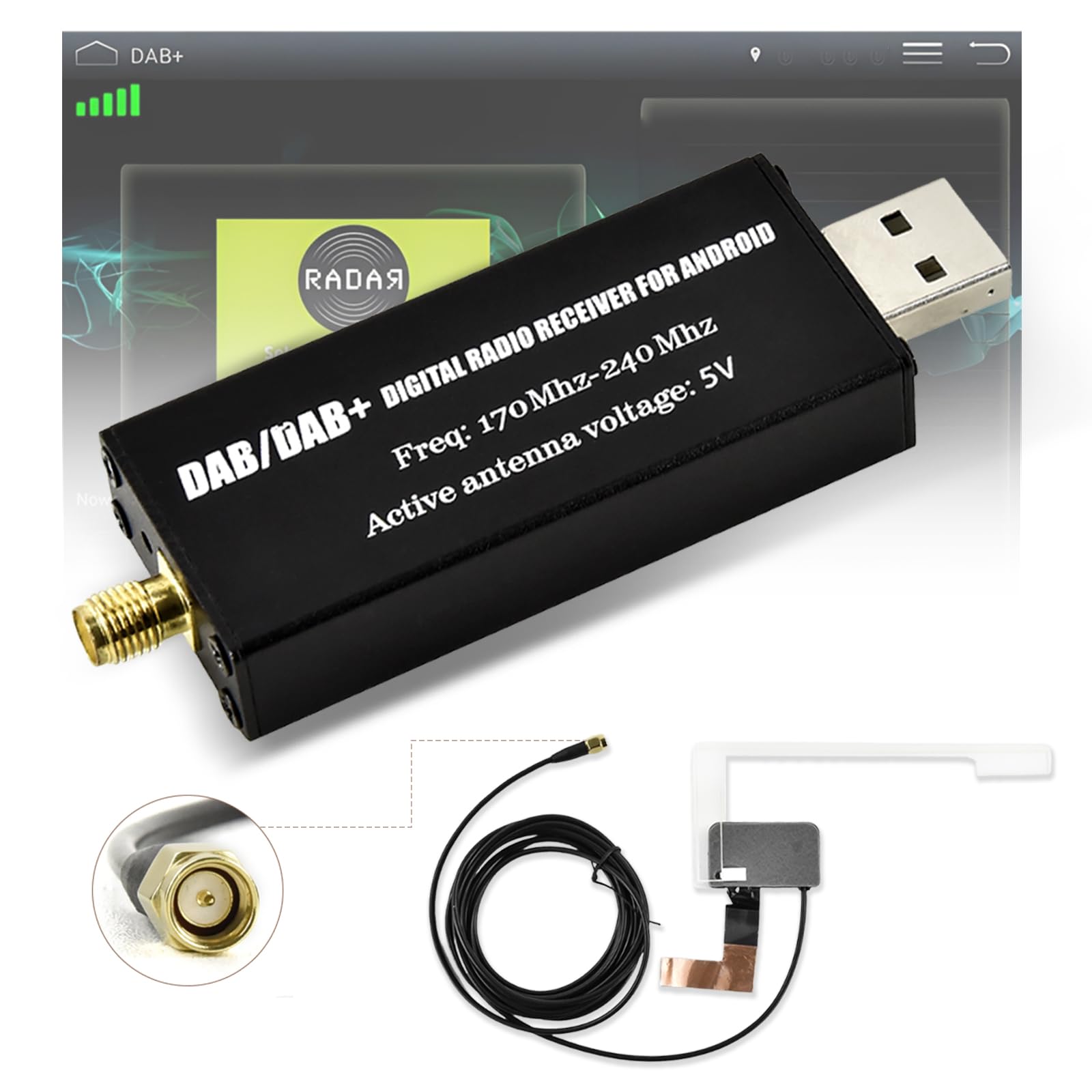 DAB Adattatore per Autoradio Android, Ricevitore Digitale DAB+ USB con Antenna Universale, Tuner Box con App, Facile Installazione Plug and Play