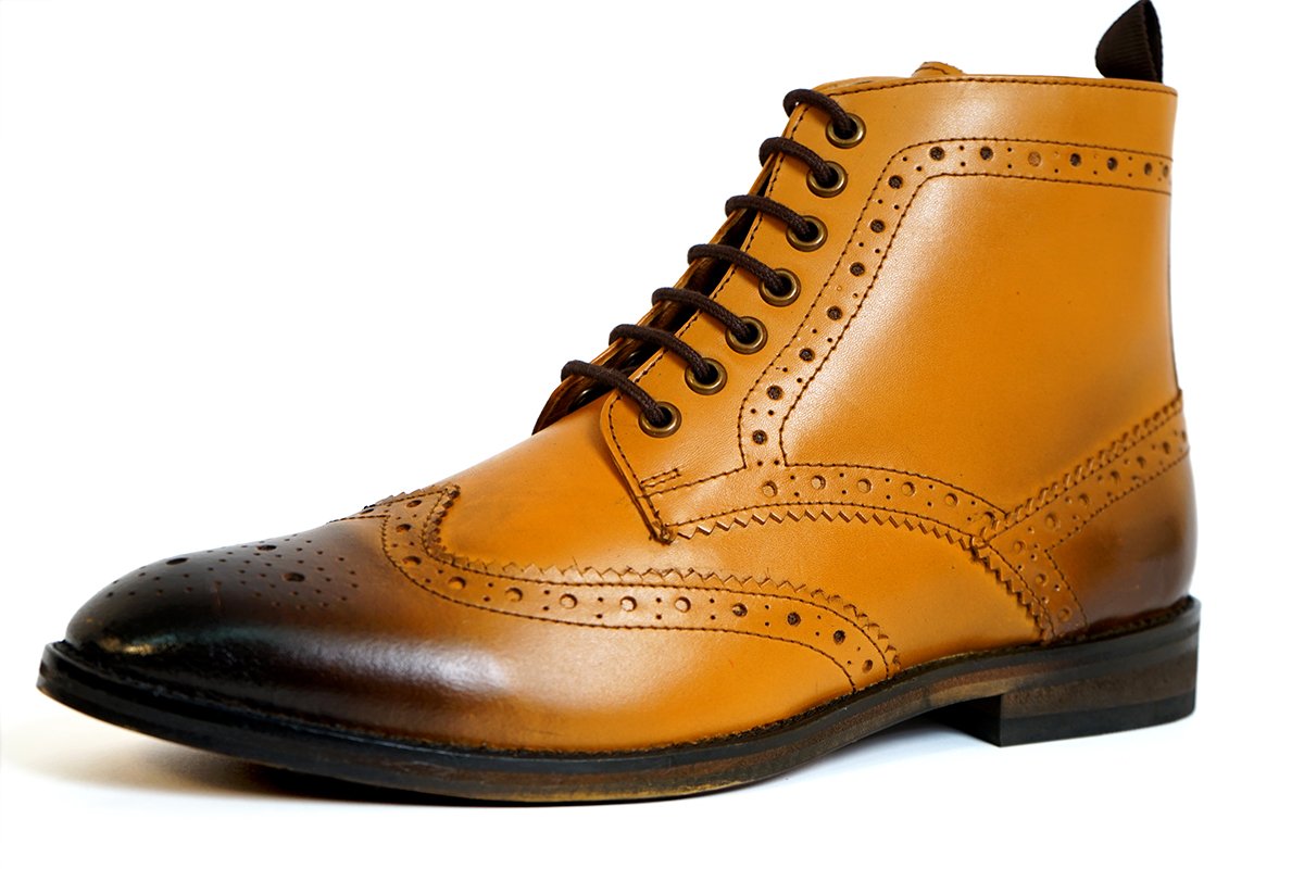 Mens Classic Leather Lace-up Brogues Ankle Boots, Tan Burnish, Black and Brown