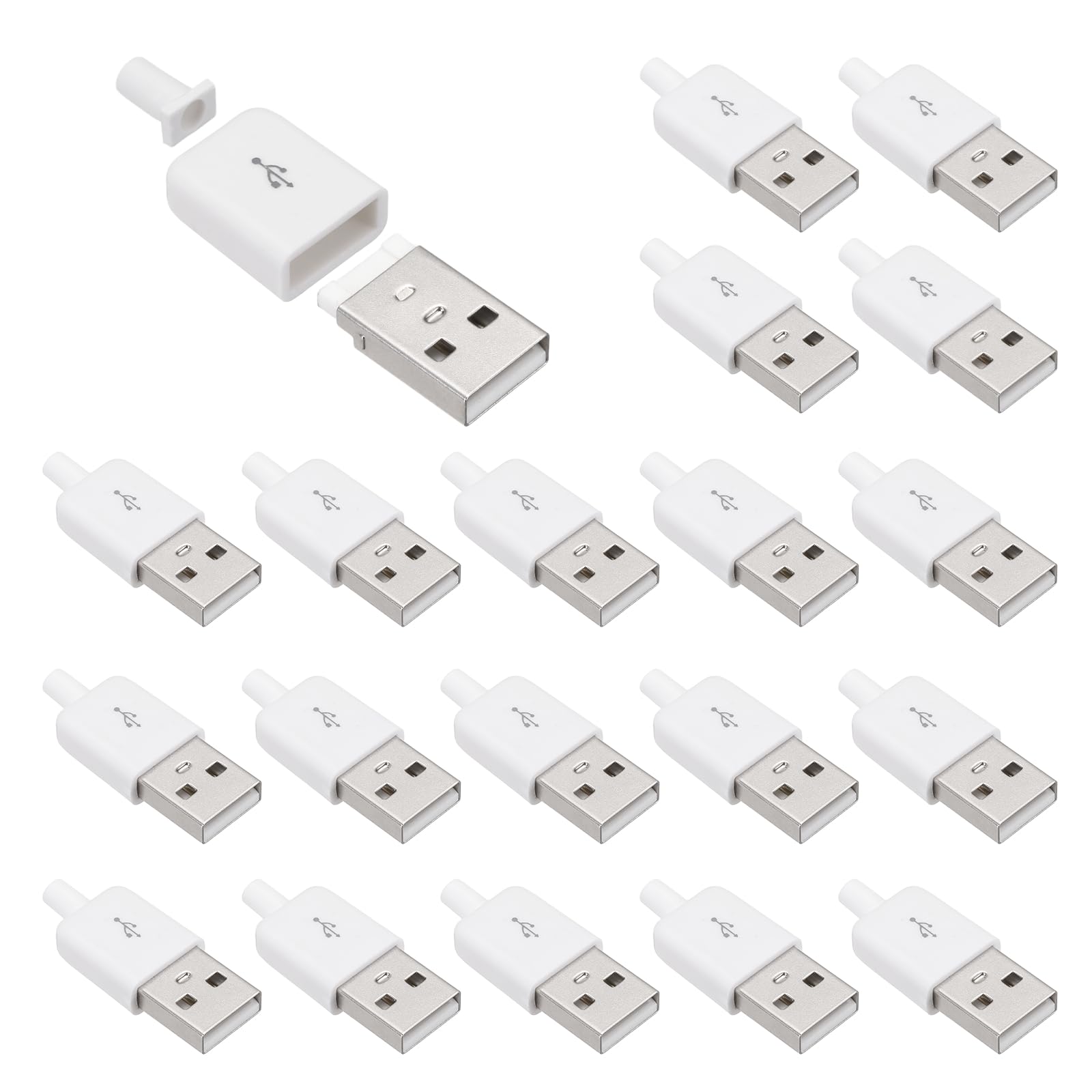 20Pcs USB 2.0 Type A Male Plug Connector, 4 Pin Solder Terminal with 3mm Cable Hole for DIY Cable Repair Kit, Power Supply, Microcontroller Projects, White, 36.5x14.8mm