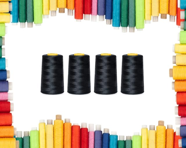 Rohans Overlock Yarn 40/2 (120) , 5000 Yards (4570 Meters) Sewing Thread Cones , Sewing Machine Multi Colour Yarn Cones, 100% Polyester Material (Black, 4)