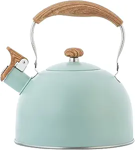 Vilihkc Tea Kettle 2.6 Liter Whistling Tea Kettle, Tea Pots for Stove Top Food Grade Stainless Steel with Wood Pattern Folding Handle, Loud Whistle Kettle for Tea, Coffee, Milk