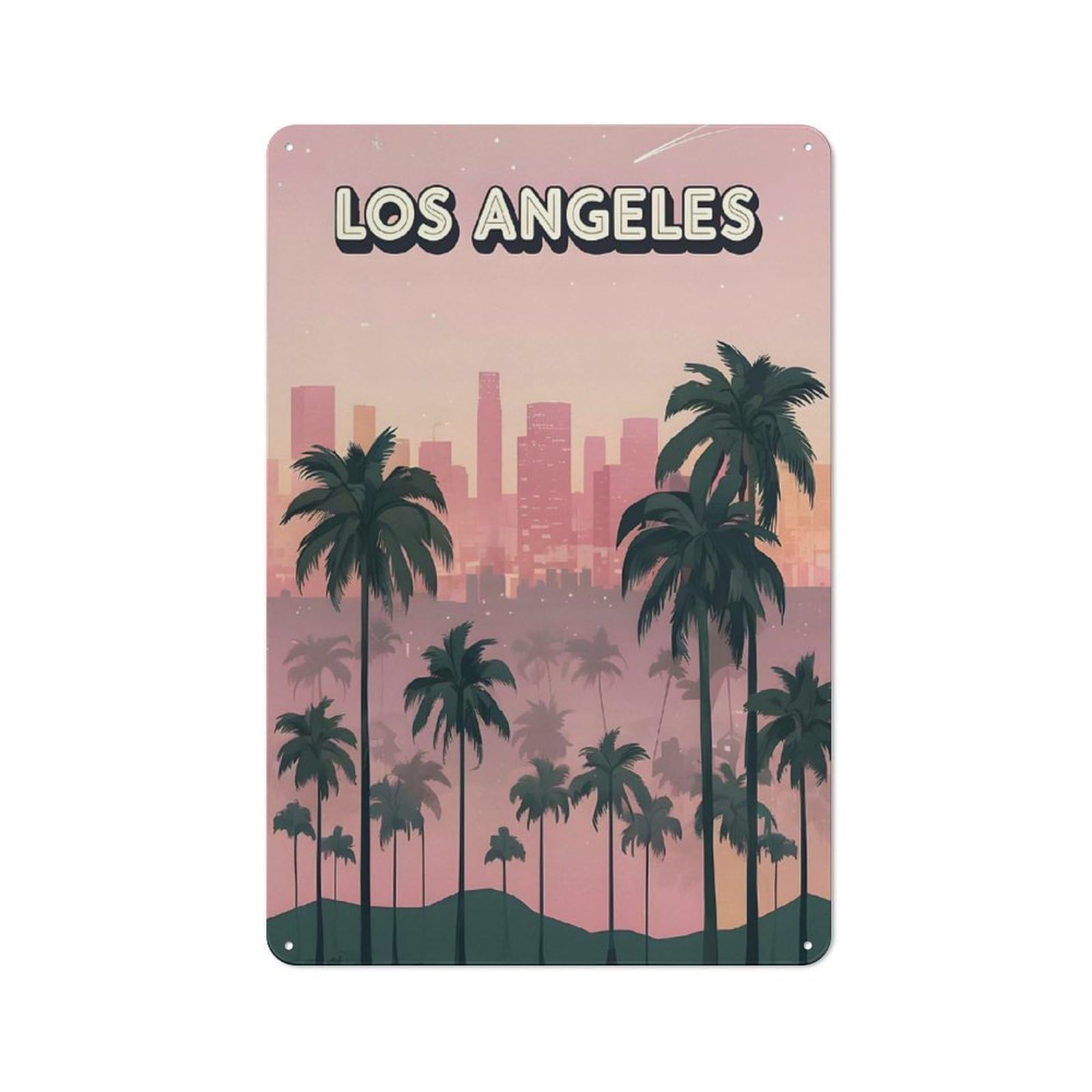 Junmoney Style-20 Vintage Tin Sign 30X20cm With Los Angeles Palm Trees Cityscape For Kitchen Or Home Bar, Suited To Home Bar Enthusiasts