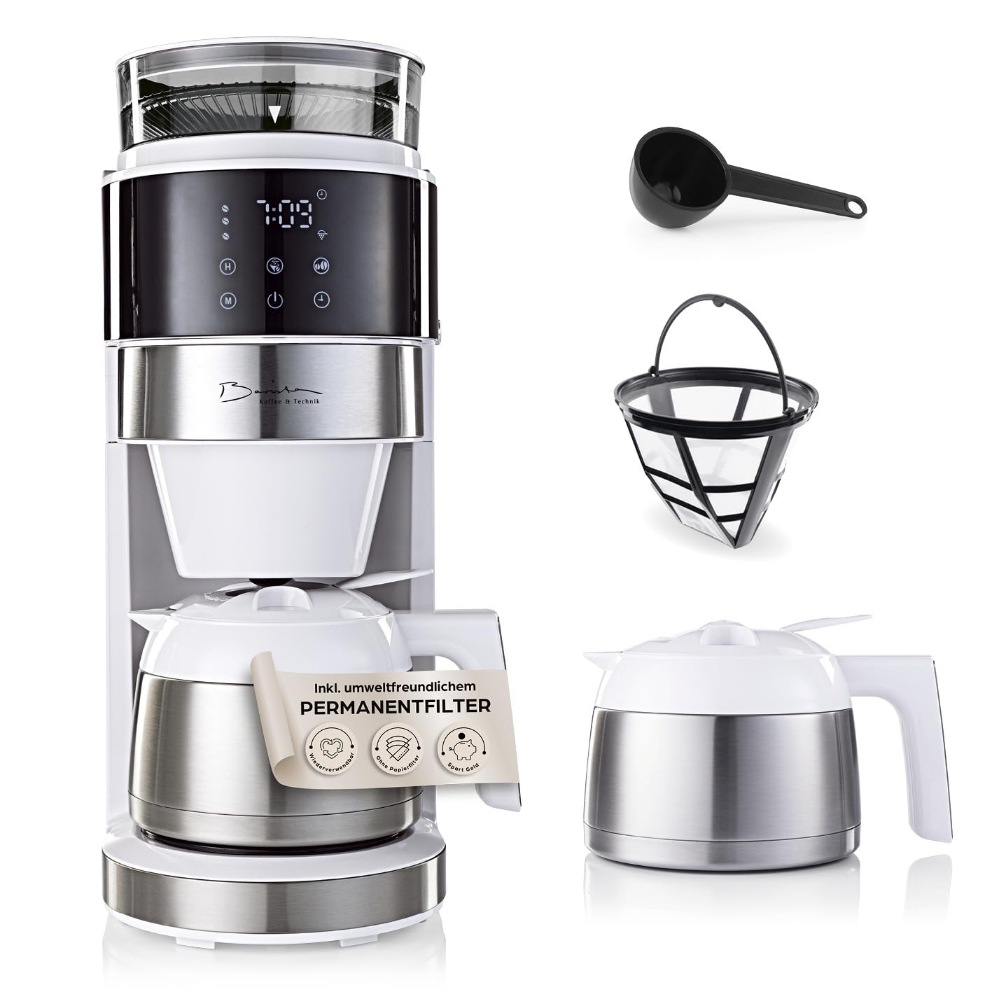 Barista Kaffeemaschine mit digitalem Touch-Display 800W weiß mit Mahlwerk + Isolierkanne