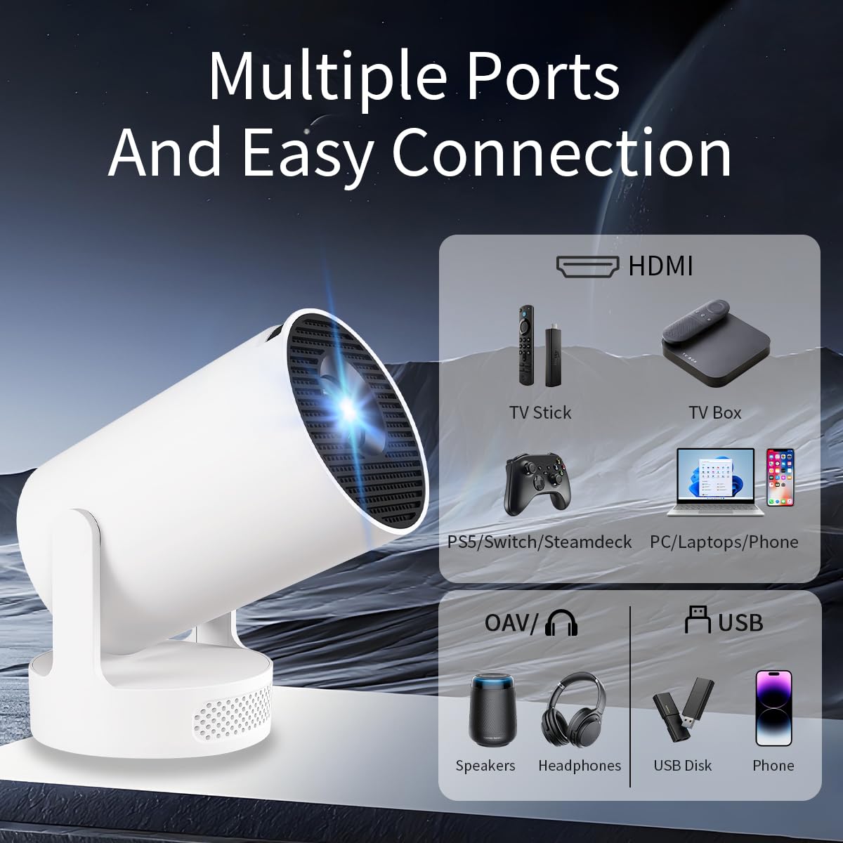 Proyector 4K, WiFi 6 y Bluetooth 5.4, 5W Altavoz Hi-Fi Externo, Mini Proyector Portátil, 180° Rotación, Corrección Trapezoidal Automática, Compatible con HD-MI/TV Stick/Memory Stick/Phone