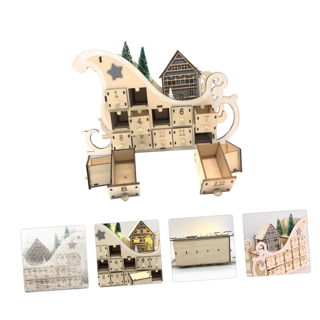 BESPORTBLE Holz Weihnachtskalender mit Schlittenform DIY Bastelidee für Weihnachten Countdown Kalender aus Holz Weihnachtsdeko für Schreibtisch und Wohnzimmer