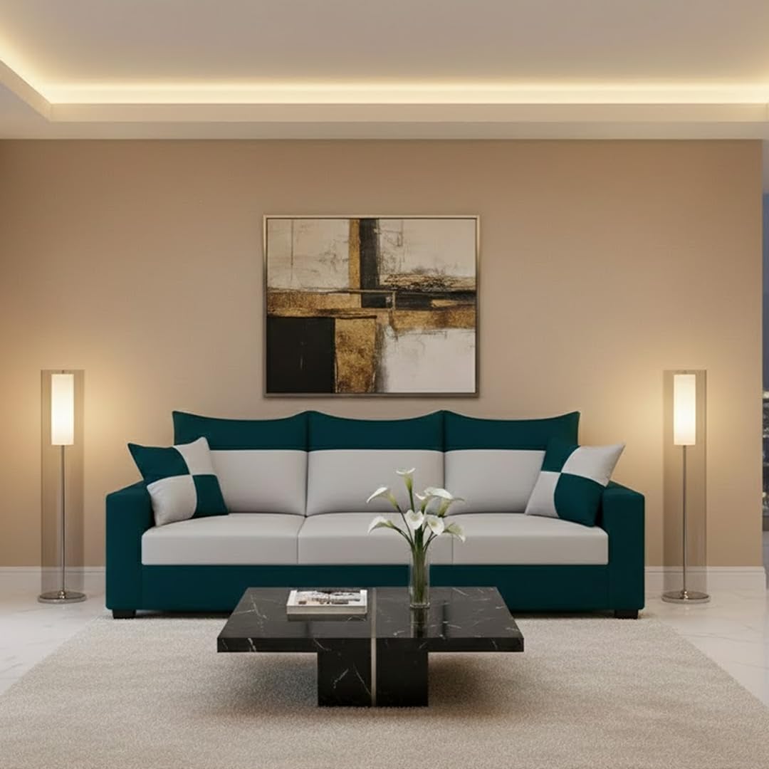 FURNY Arissa 3 Seater Fabric Sofa Set (Light Grey-Greenish Teal) Premium Velvet Finish| Durable Comfort Ideal for Living Room