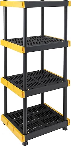 BLACK & YELLOW 4-Tier Heavy Duty Plastic Storage Shelving Unit, 100lbsshelf (55H x 24W x 20D), for IndoorOutdoor Organization, Modular Rack,