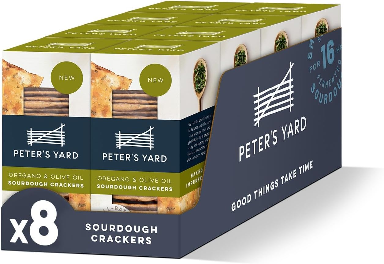 Sourdough Crackers, Oregano and Olive Oil, Great with Chutney and Cheese, High Fibre, Natural Ingredients, Low Sugar, Pack of 8 x 90g Boxes