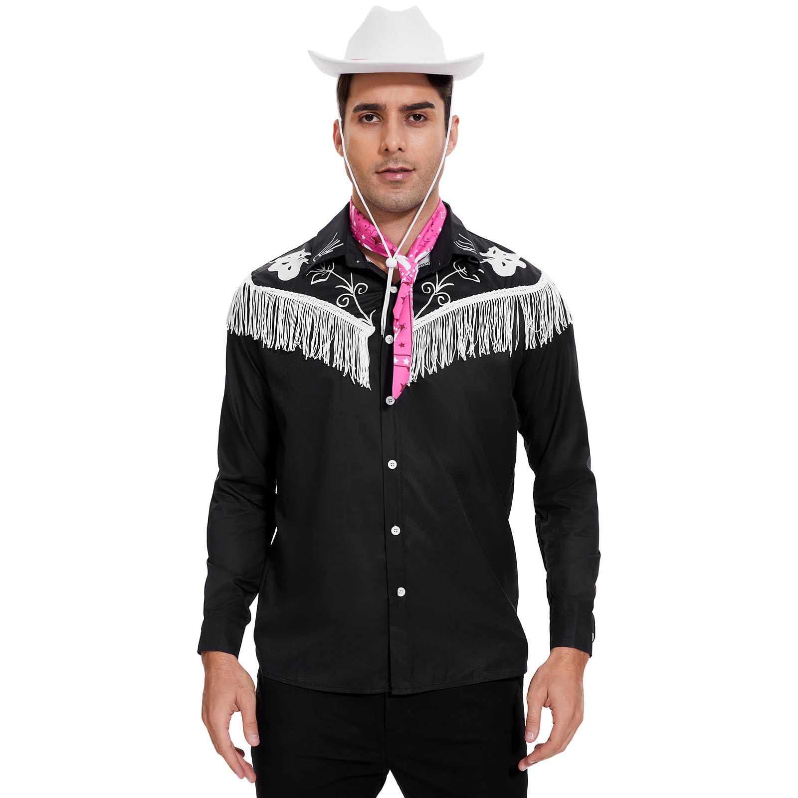 AKFJDLAD Men Western Classic Shirt Cowboy Costume Halloween Long Sleeve Black Printed Shirt with White Fringe Cosplay Costume with Scarf (2XL) - Image 2