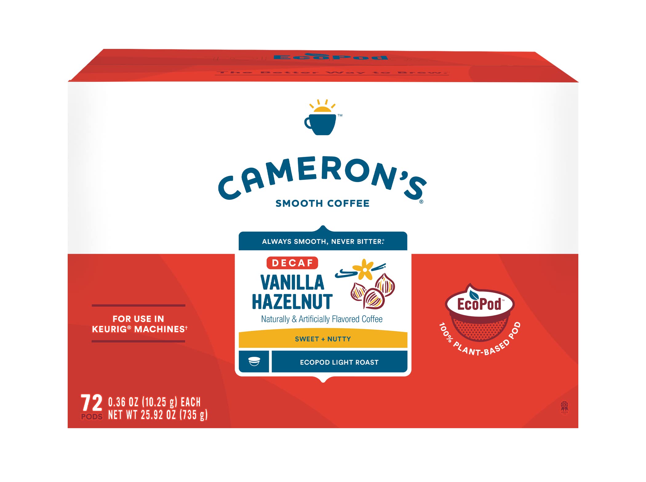 Cameron's Coffee Cápsulas de porción individual aromatizadas con sabor a vainilla y avellana descafeinada, 72 unidades (1 unidad)