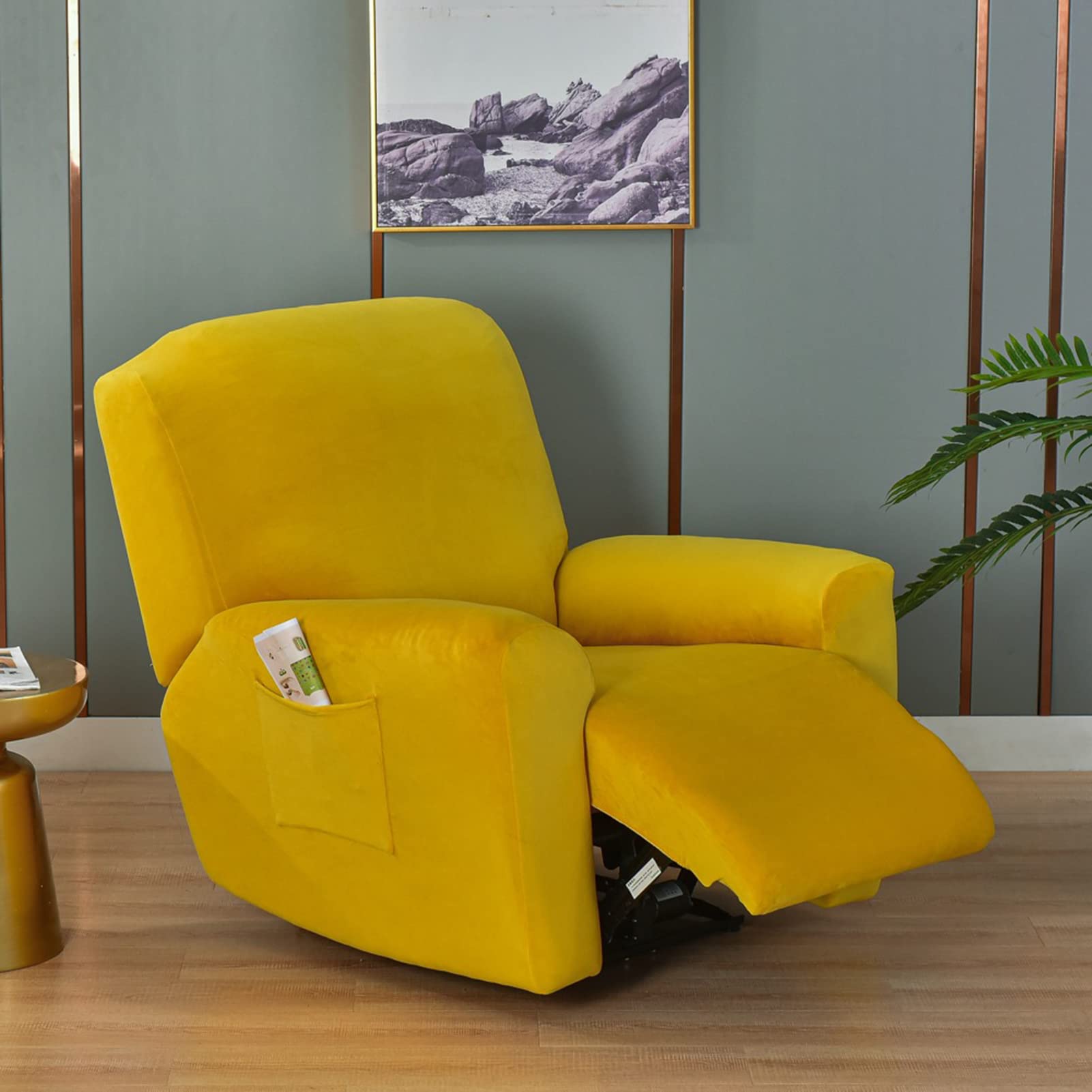 GUYIRT Recliner Chair Cover, 4 Pieces Velvet Single Seat Armchair Cover Non-slip Relaxing Chair Cover Thick Soft Furniture Protector with Side Pocket-yellow