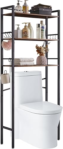 YMYNY Estante organizador de baño independiente de 3 niveles para almacenamiento sobre el inodoro, ahorrador de espacio, estante con 6 ganchos en S