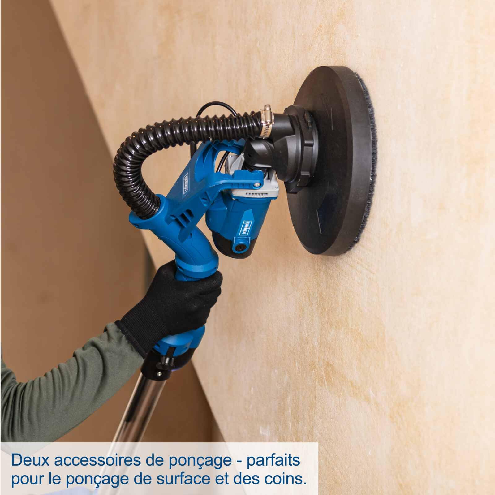Scheppach Ponceuse Mur & Plafond DS930 | 710 W | Plateau de ponçage Ø215 mm | Télescopique | Tête circulaire ou triangulaire | 4m de tuyau d'aspiration, adaptateurs & abrasifs inclus