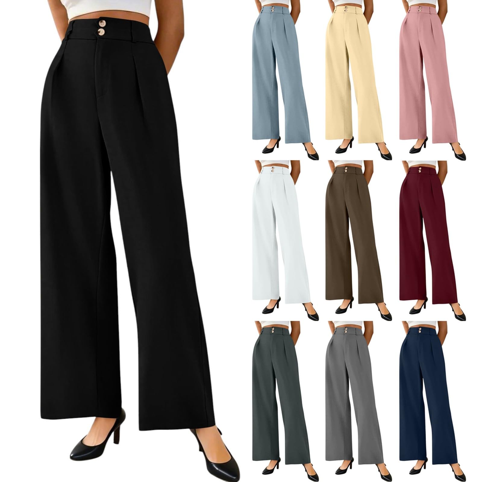 Wide Leg Dress Pants for Women Business Casual High Waisted Pants Elastic Waist Office Work Pant Slacks with