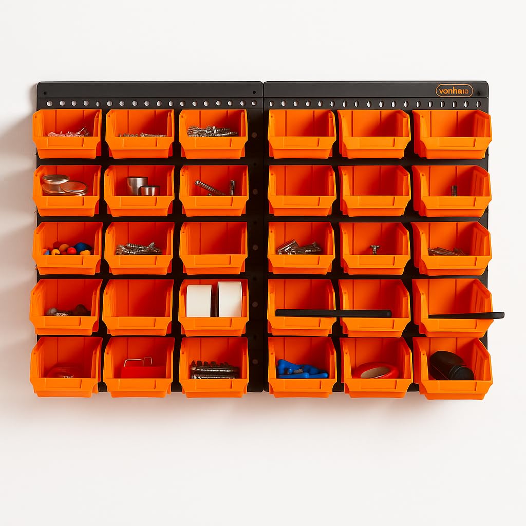 CROWNSHOP 32 PCS Wall Mounted Storage Bins Kit 64 * 41cm Garage Boxes Plastic Rack Parts Organiser Utility Kit With Stackable Boxes for Garage Workshop (Orange)