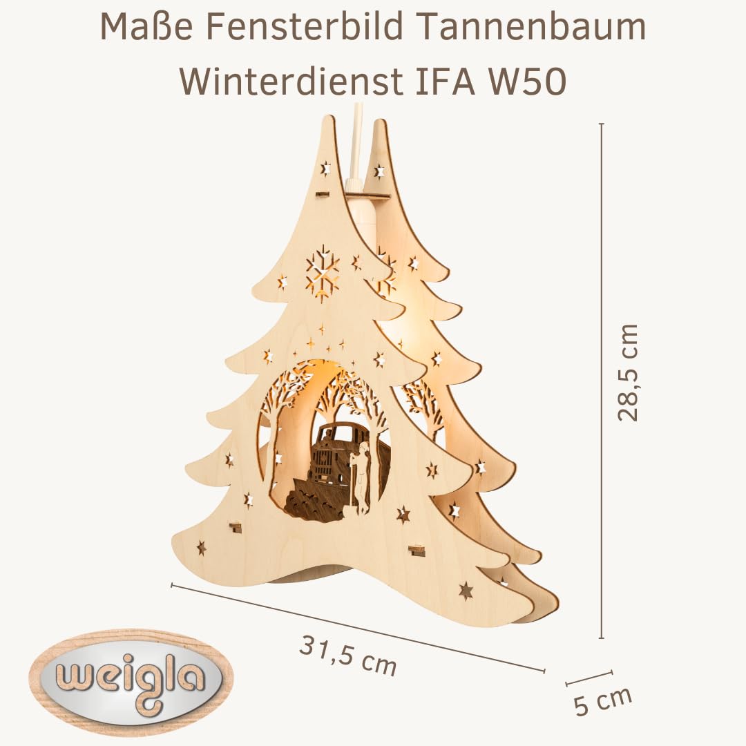 weigla - Fensterbild original Erzgebirge Tannenbaum Winterdienst IFA W50 I Weihnachtsdeko Fenster I 1 Lampe I 7 W, E14 I Fensterbild Weihnachten I Weihnachtsbeleuchtung Holz I Fensterdeko hängend