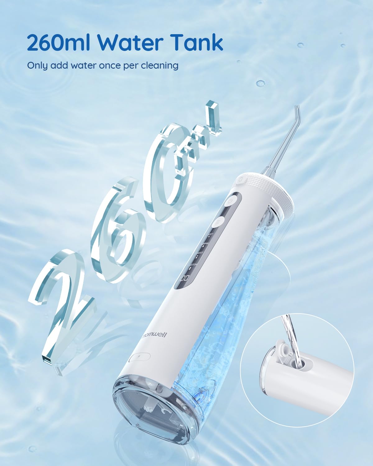 Mornwell Hydropulseur jet Dentaire, 270ml Irrigateur Oral Sans Fil Professionnel, 6 Buses, 4 Modes d’impulsion, USB Chargé pour 150 Jours D'utilisation, IPX7