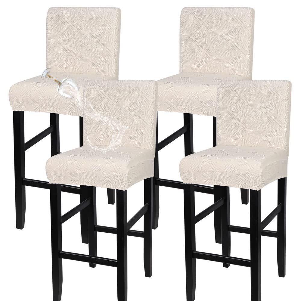SearchI Water Repellent Bar Stool Covers Set of 4, Stretch Removable Bar Stool Chair Cover Slipcovers, Counter Stool Bar Chair Covers for Kitchen Pub Dining Room Cafe (Beige Square Jacquard)