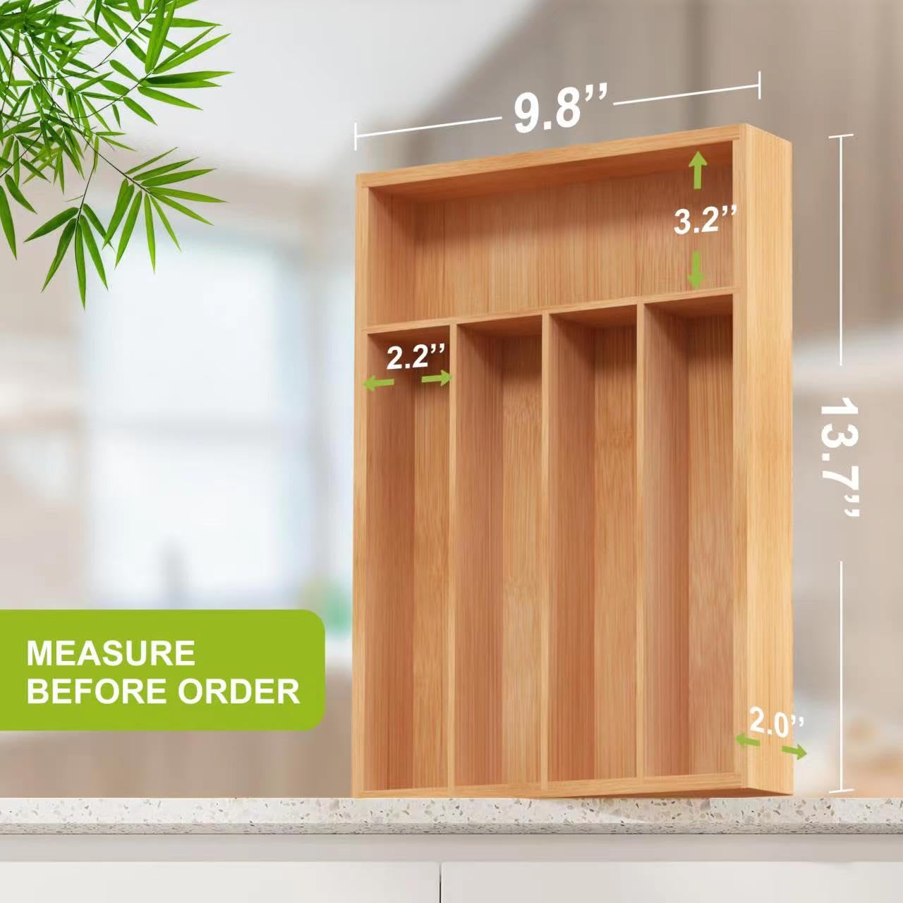 Organizador de cajones de utensilios de bambú, organizador de cocina para cubiertos, bandeja de cubiertos para cajón (5 ranuras, natural) 3