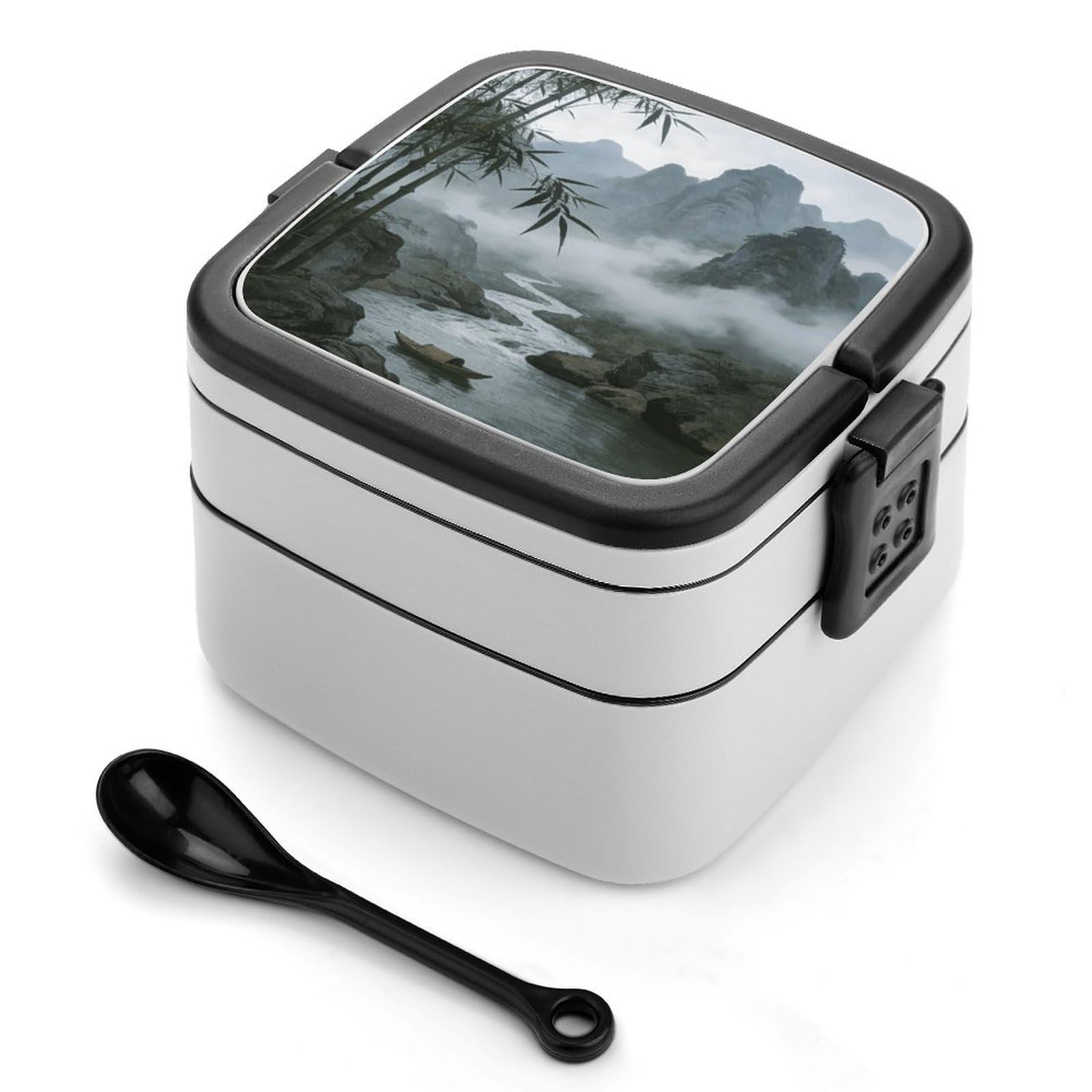 FekiLoot Rainy And Misty Return of The Boat Bento Box Adult Lunch Box Sealed Bento Lunch Boxes with Spoon Sturdy Double Layer Bento Boxes Snap-on Design Leak Proof Lunch Containers Ideal for Work