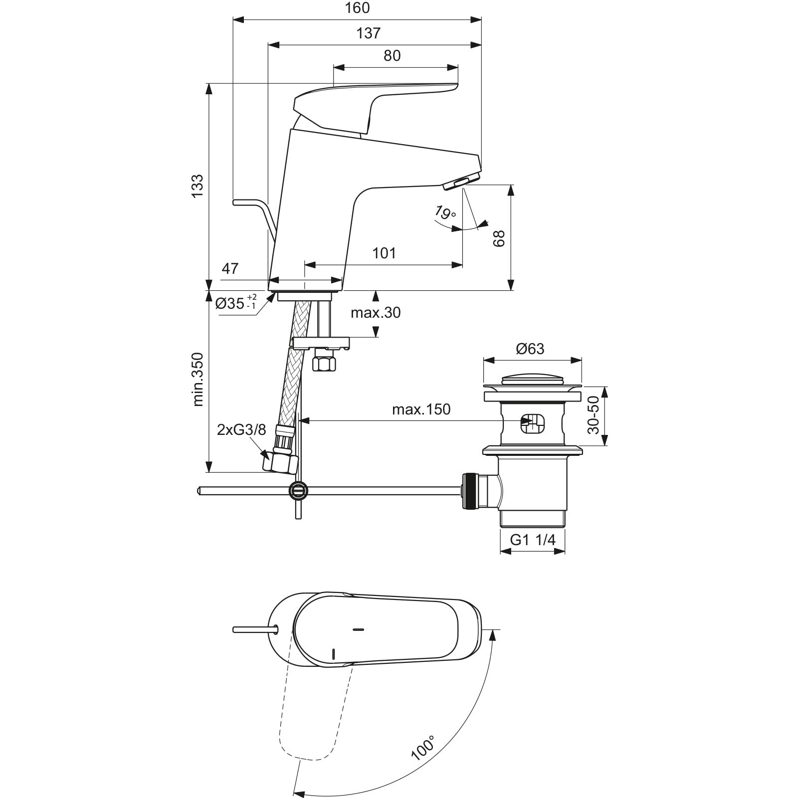 Ideal Standard B1711AA bateria umywalkowa Ceraflex, metalowy zestaw odpływowy G1 ¼, funkcja Bluestart, wysięg 101 mm, wysokość wylotu 68 mm, chrom