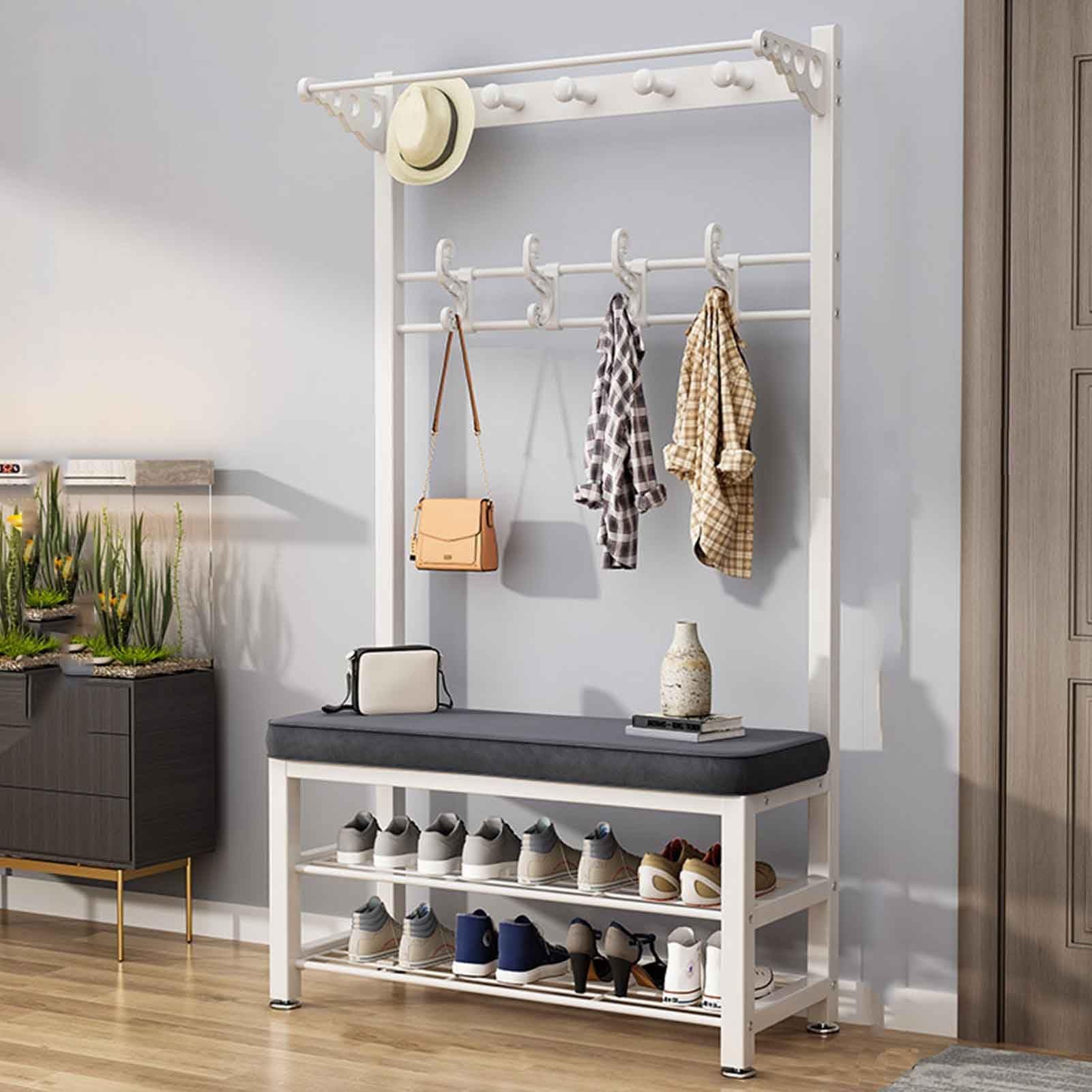 GYEQXKT Freestanding Entryway Hall Tree with Bench and Shoe Rack - Metal Frame with Soft Cushions and Double-ended Hooks for Hallway or Mudroom