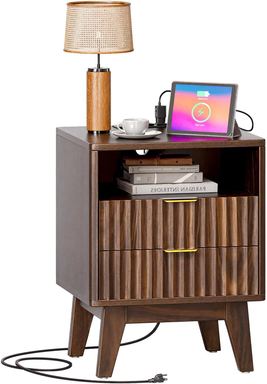 Nightstands with Charging Station, Modern Fluted 2 Drawers End Tables, Side Tables with Storage Shelf for Bedroom, Office, Walnut Walnut 1