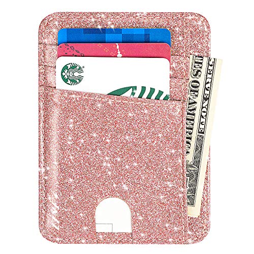 J&D Bling Glitter RFID Blocage Front Glitter PU Leather Case Pocket Wallet PU Porte-Cartes en Cuir Porte-Carte Sécurisé pour Femmes - Rose