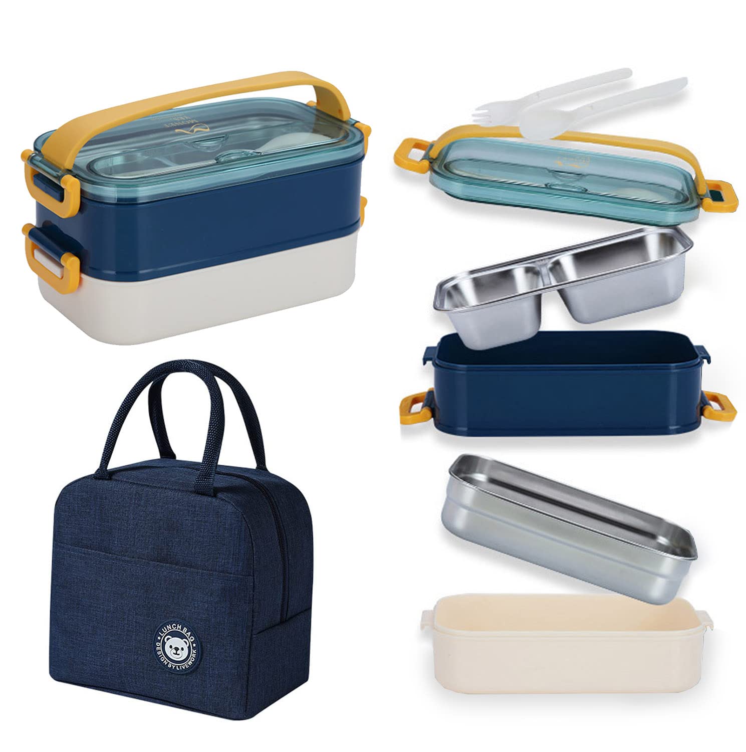 Stainless Steel Bento Box Double Layer with Divider Leak Proof Lunch Box 1600ml Reheatable Kids and Adult Lunch Box Meal with Spoon and Fork (Bento Box (Blue))