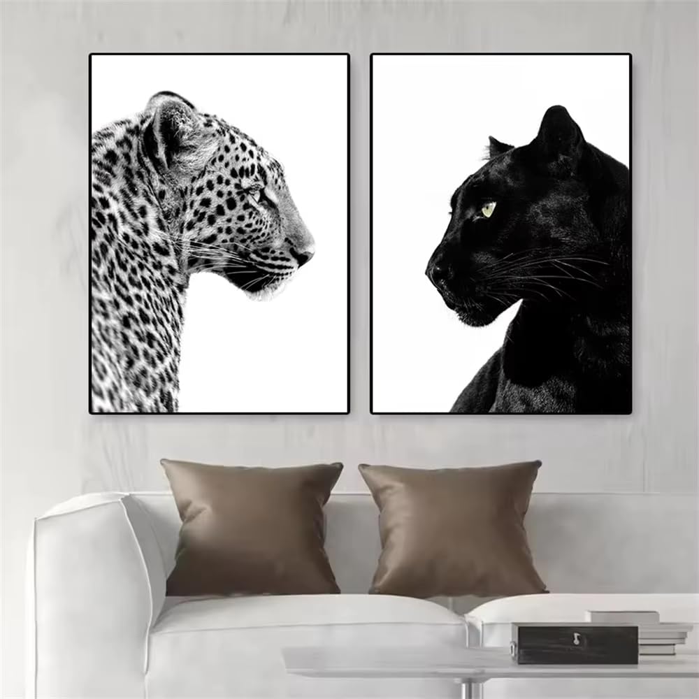 IHHGNB Láminas decorativas de leopardo y pantera en blanco y negro, lienzos, pósteres de animales, cuadros para la pared del salón, decoración del hogar (80x110cm (31x43in) x2/Sin marco)