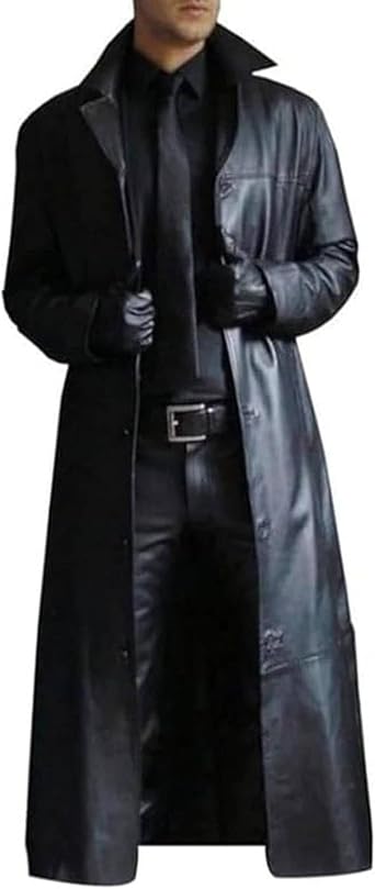 Maiyifu-GJ Mens Faux Leather Trench Coat Long Overcoat Full Length Fashion Vintage Open Front Cardigan Jacket
