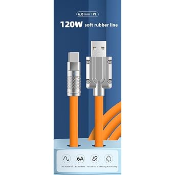 Apera BN57 Type-C Kablo 120W Süper Hızlı 6 Amper Ultra Kalın Şarj Data Kablosu (Turuncu)