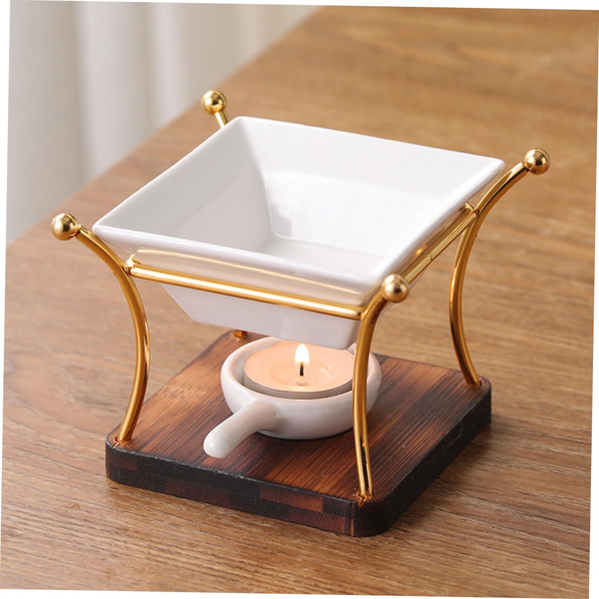 Bruciatore di Olio Essenziale in Ceramica e Legno, con Manico in Ferro, per Soggiorno e Sala Yoga, Moderno