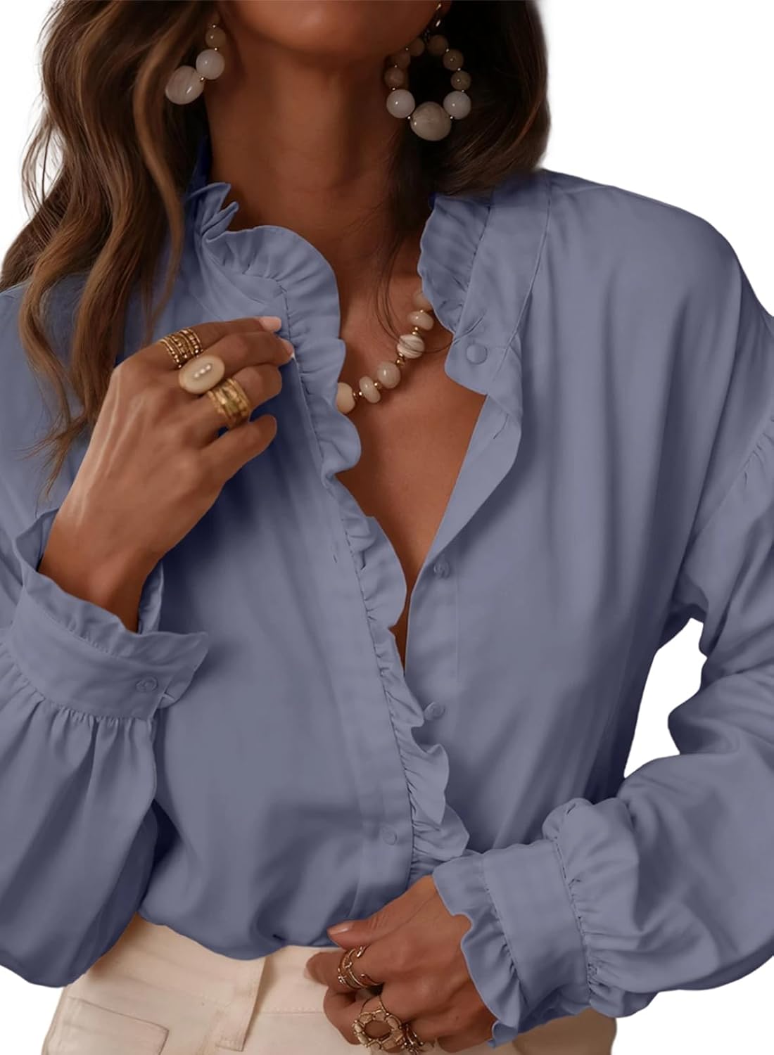 Astylish Womens Dressy Casual Button Down Shirts Ruffle Long Sleeve V Neck Checkered Work Blouse Business Casual 2025 Fall Blouse Tops Dusk Blue Medium - Image 4