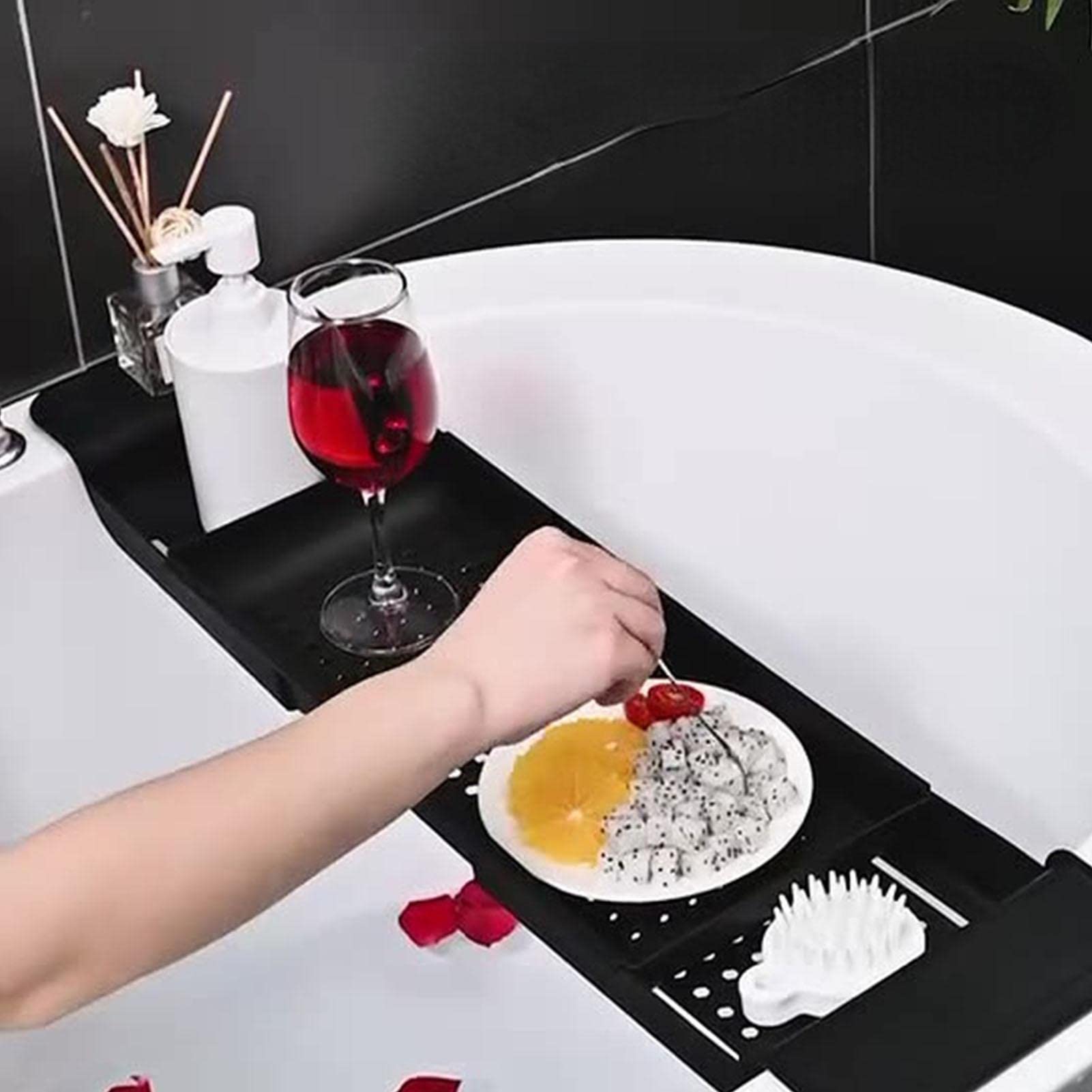 Regulowana, rozszerzalna taca na wannę – antypoślizgowy plastikowy pojemnik do kąpieli do relaksu w spa, idealny na niezbędne rzeczy i gadżety - idealne doświadczenie w domowym spa.