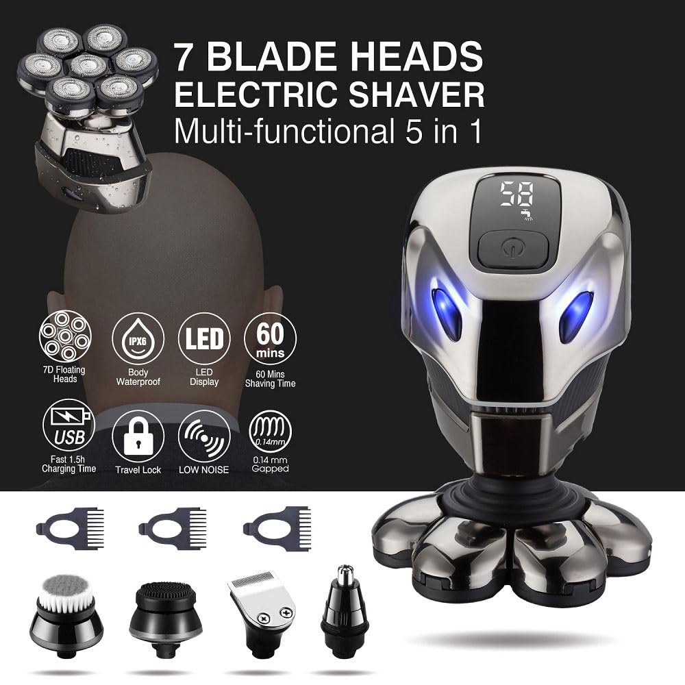 Elektrischer Rasierer für Männer, Männer Elektrorasierer 6-in-1 Rasierer Glatzenschneider 7 Schneidkopf Rasierer Multifunktionaler Rasierer Alien-Form IPX6 Wasserdichtes Grooming Kit