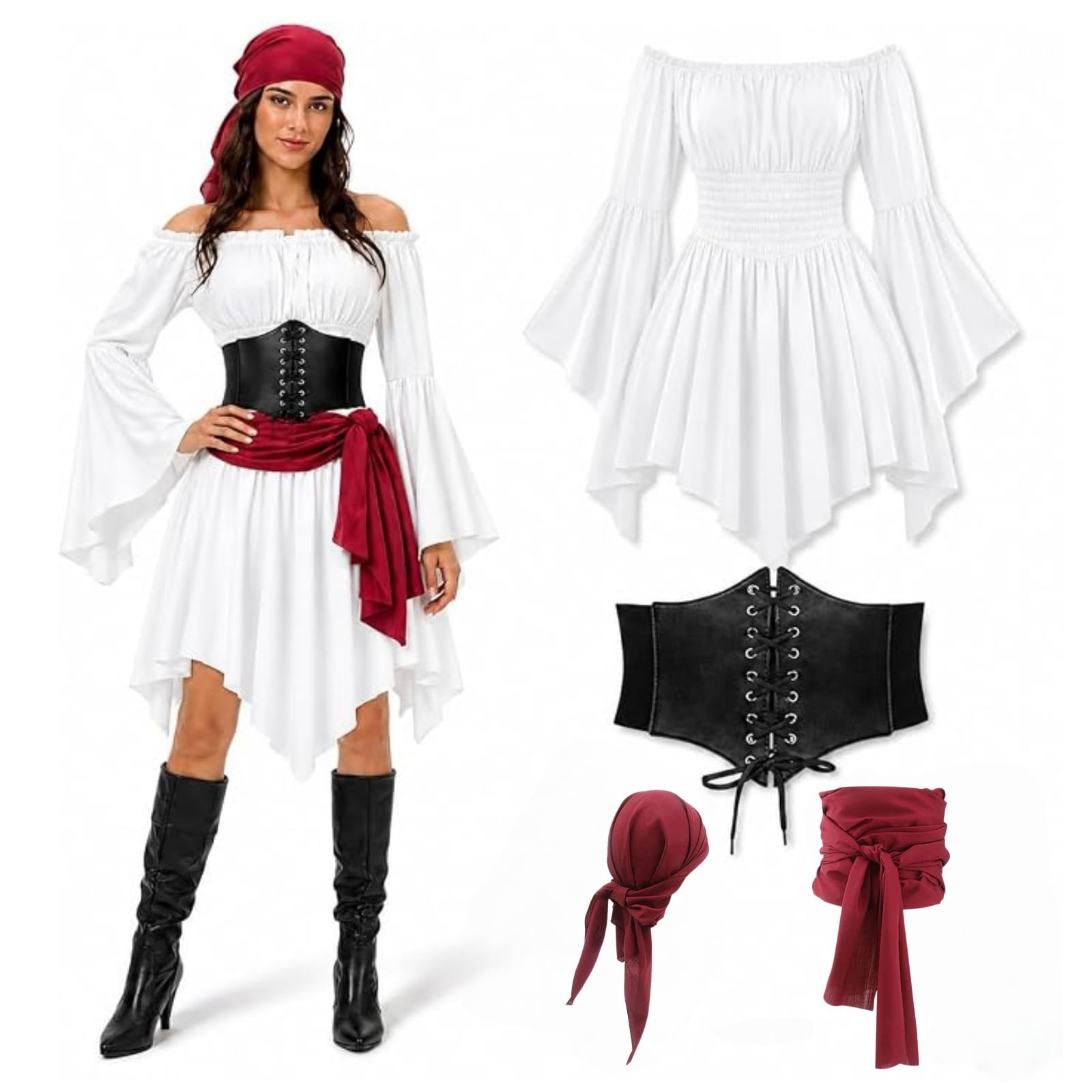 Piratenkostüm Zubehör Set Damen, 4-Teiliges Mittelalter Off-Shoulder Kleid Damen mit Piraten Korsett Piratenkleid Karnevalskostüm Cosplay, Accessoires Halloween Karneval