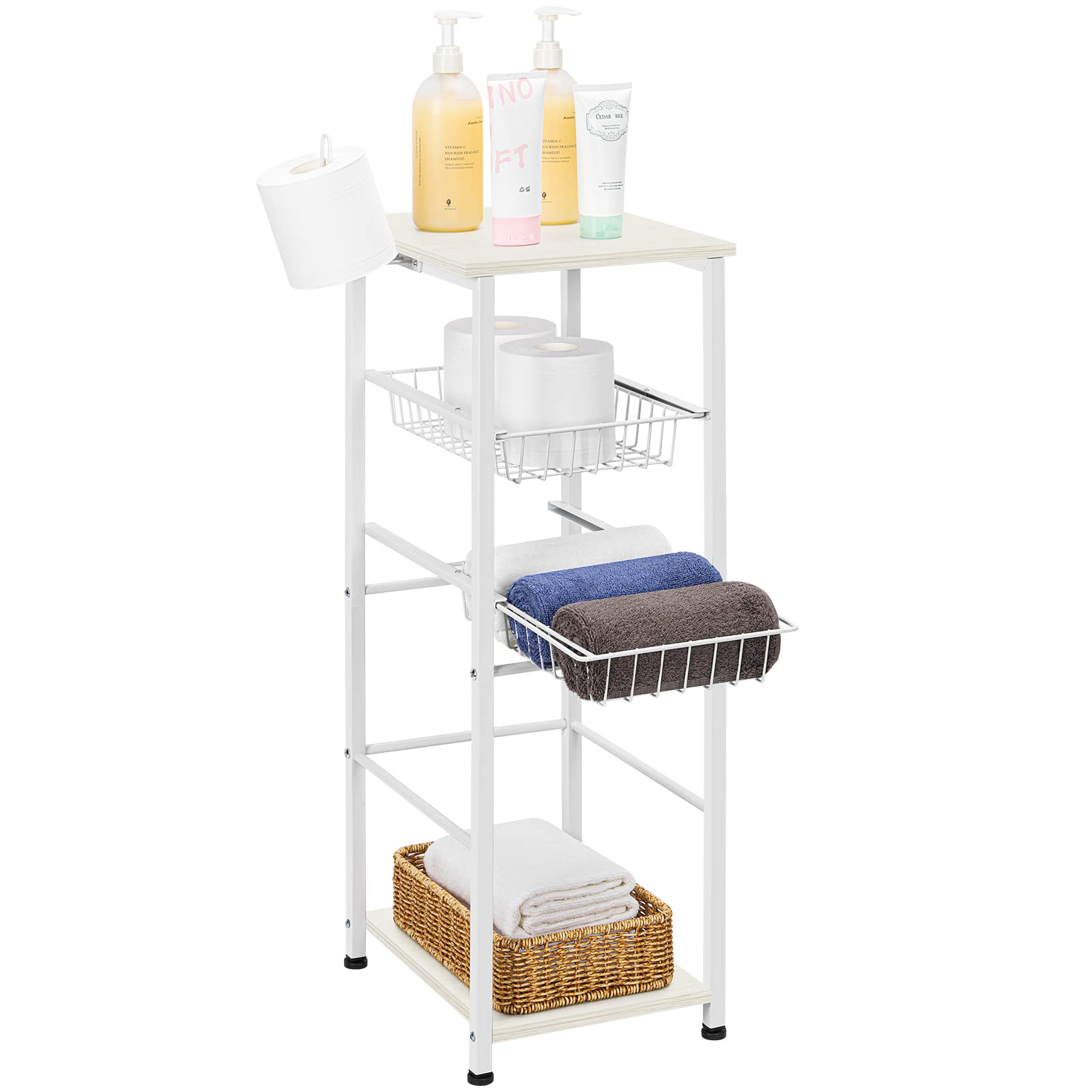 Bathroom Storage Cabinet, Small Storage Shelves with 2 Drawers, Narrow Tower Shelving Units for Towel, Woodern Storage Organizer Rack with Paper Dispenser, Floor Toilet Paper Storage Modern White